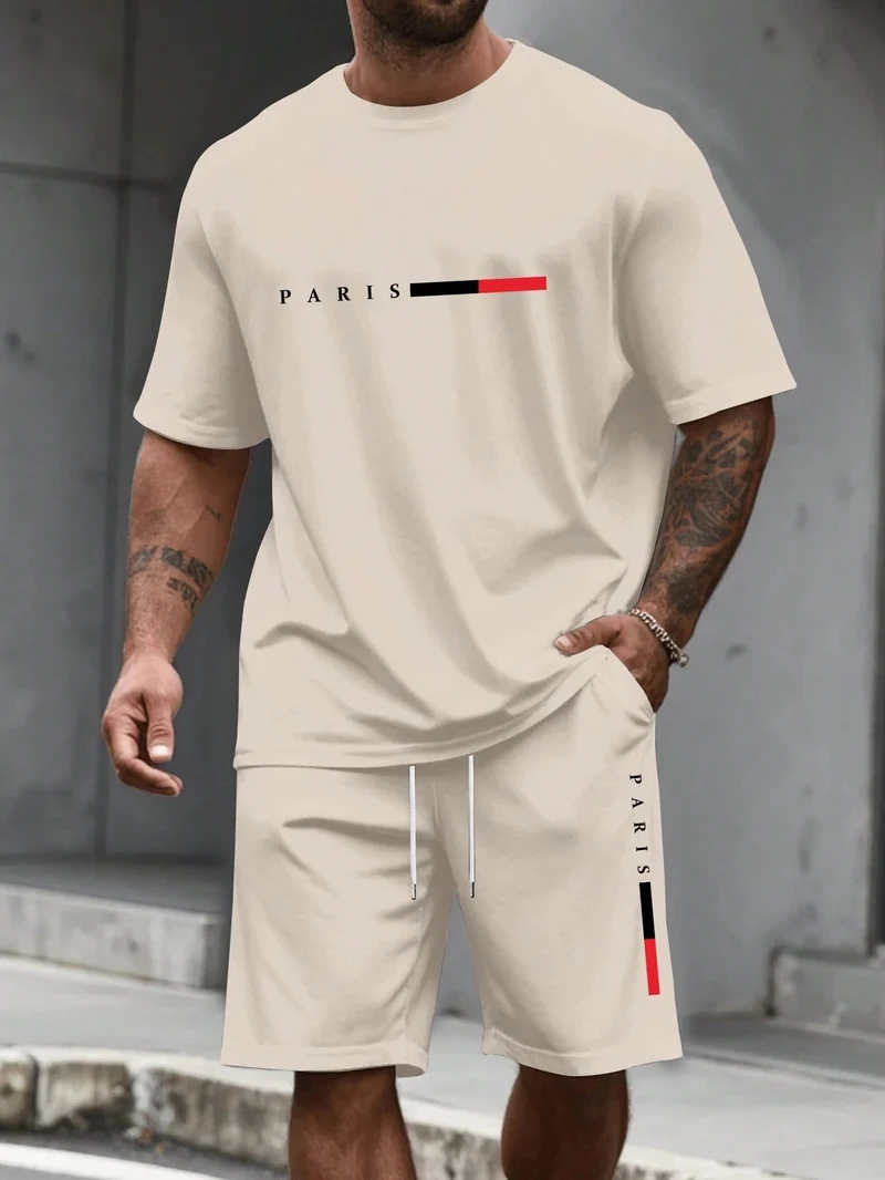 Herren-Sommer-Trainingsanzug-Set – 2-teiliger Kurzarm-Laufanzug mit Rundhalsausschnitt und T-Shirt in Übergröße