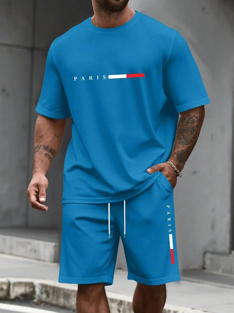 Herren-Sommer-Trainingsanzug-Set – 2-teiliger Kurzarm-Laufanzug mit Rundhalsausschnitt und T-Shirt in Übergröße