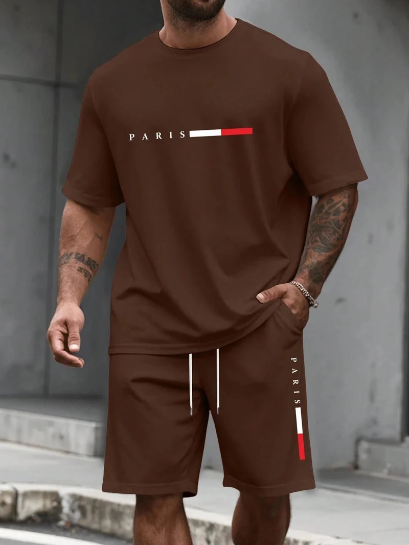 Herren-Sommer-Trainingsanzug-Set – 2-teiliger Kurzarm-Laufanzug mit Rundhalsausschnitt und T-Shirt in Übergröße