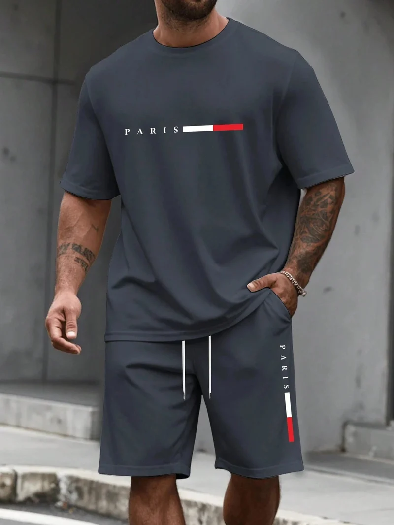 Herren-Sommer-Trainingsanzug-Set – 2-teiliger Kurzarm-Laufanzug mit Rundhalsausschnitt und T-Shirt in Übergröße