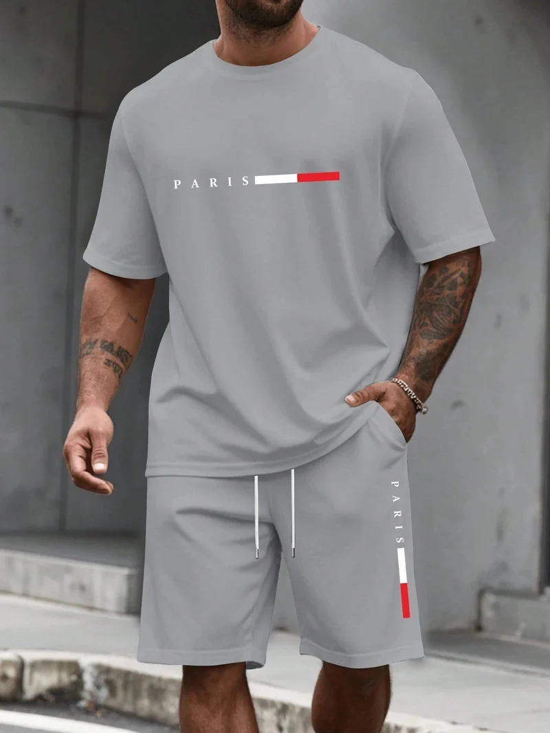 Herren-Sommer-Trainingsanzug-Set – 2-teiliger Kurzarm-Laufanzug mit Rundhalsausschnitt und T-Shirt in Übergröße