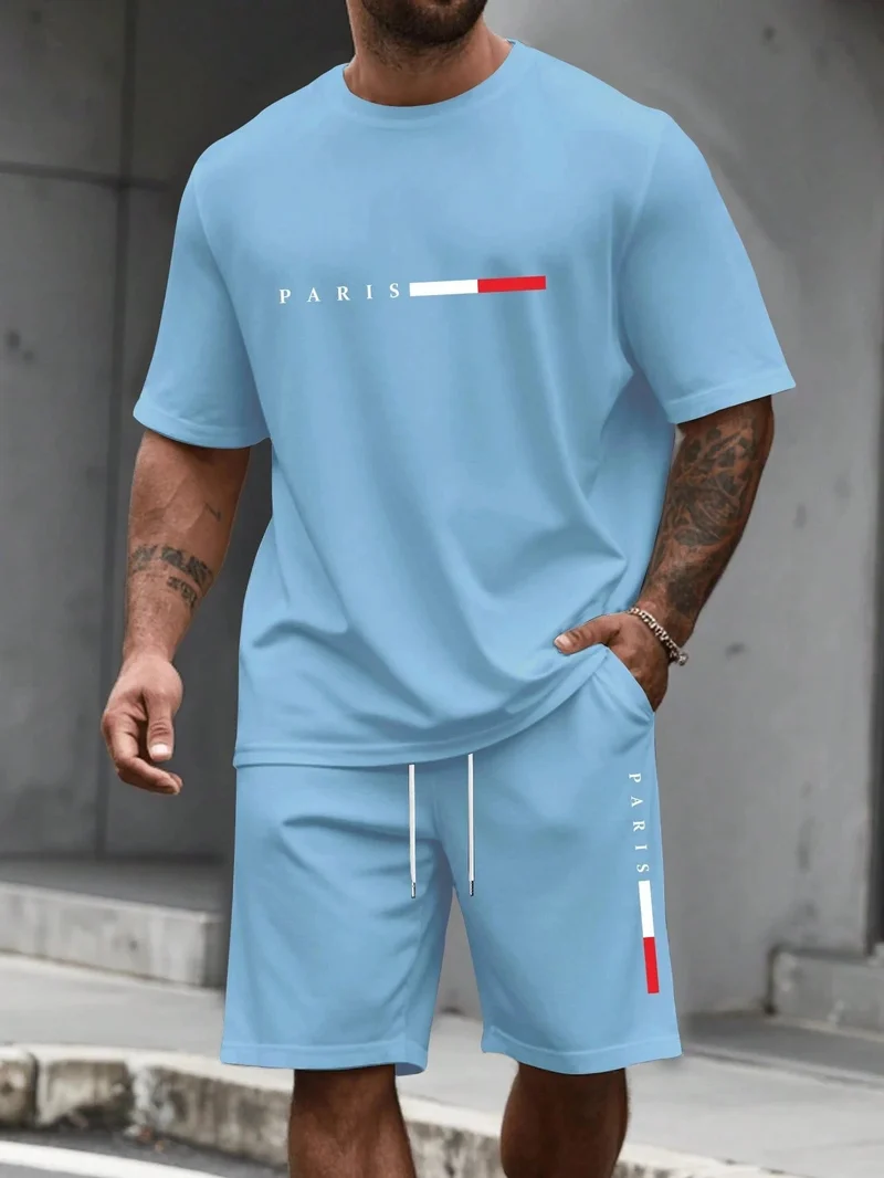 Herren-Sommer-Trainingsanzug-Set – 2-teiliger Kurzarm-Laufanzug mit Rundhalsausschnitt und T-Shirt in Übergröße