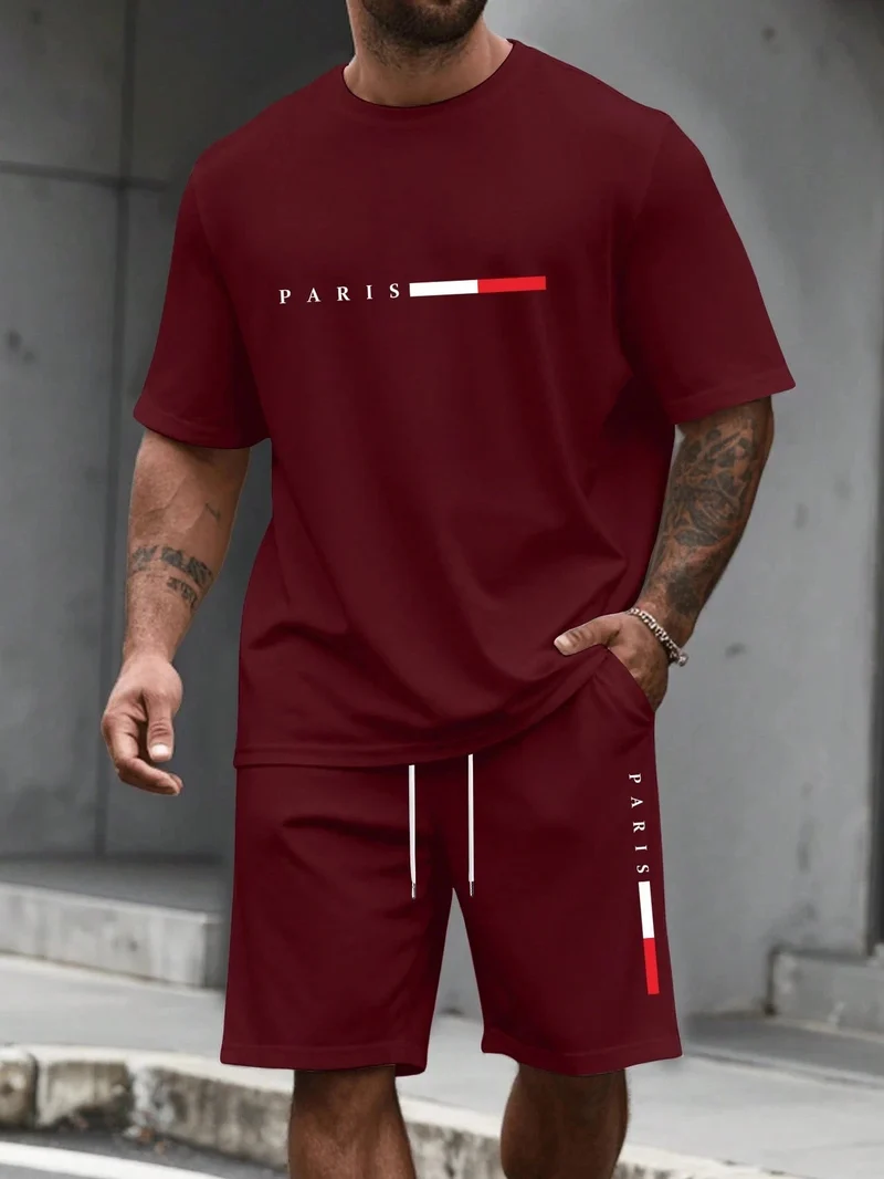 Herren-Sommer-Trainingsanzug-Set – 2-teiliger Kurzarm-Laufanzug mit Rundhalsausschnitt und T-Shirt in Übergröße