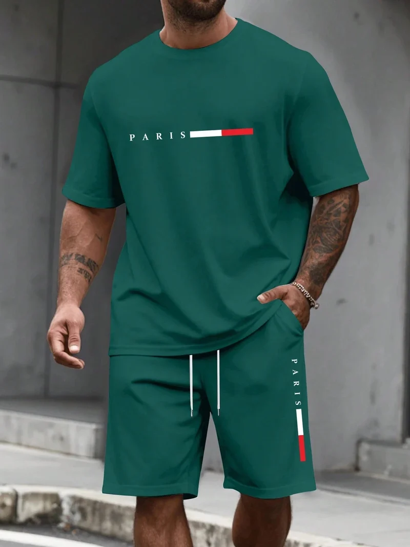 Herren-Sommer-Trainingsanzug-Set – 2-teiliger Kurzarm-Laufanzug mit Rundhalsausschnitt und T-Shirt in Übergröße