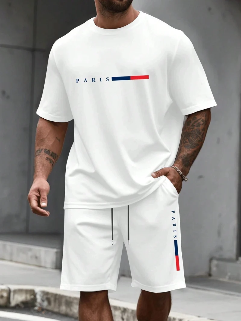 Herren-Sommer-Trainingsanzug-Set – 2-teiliger Kurzarm-Laufanzug mit Rundhalsausschnitt und T-Shirt in Übergröße