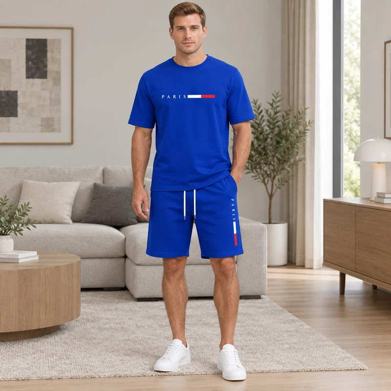 Herren-Sommer-Trainingsanzug-Set – 2-teiliger Kurzarm-Laufanzug mit Rundhalsausschnitt und T-Shirt in Übergröße