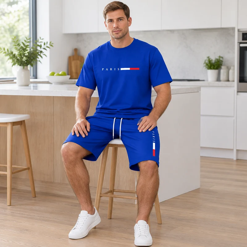 Herren-Sommer-Trainingsanzug-Set – 2-teiliger Kurzarm-Laufanzug mit Rundhalsausschnitt und T-Shirt in Übergröße
