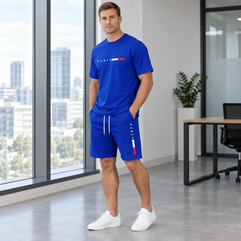 Herren-Sommer-Trainingsanzug-Set – 2-teiliger Kurzarm-Laufanzug mit Rundhalsausschnitt und T-Shirt in Übergröße