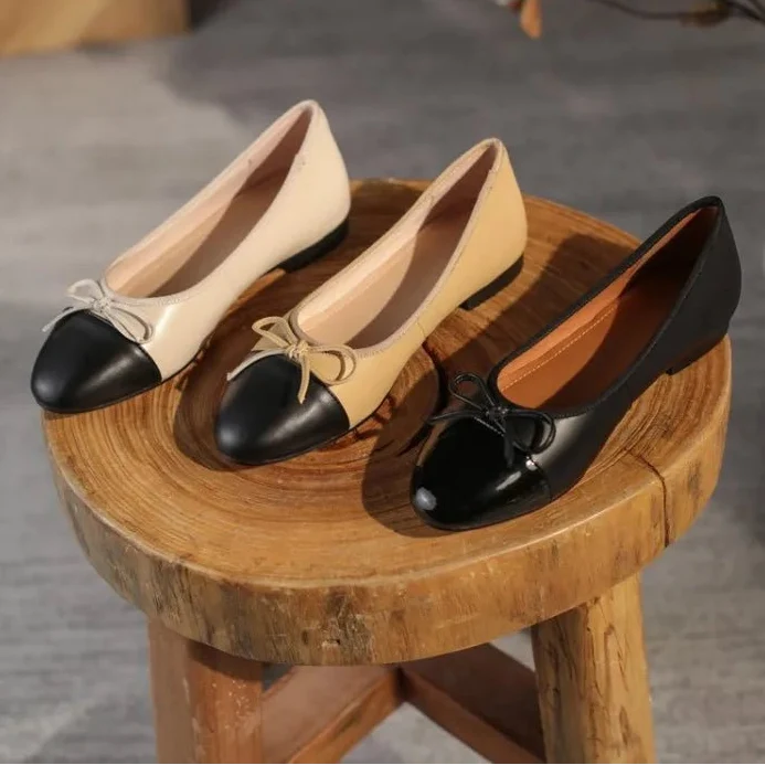 Luxury Leather Ballet Flats for Women - Round Toe with Bow Detail