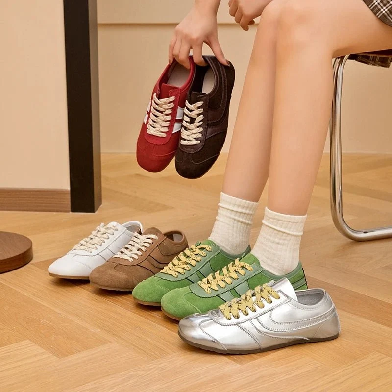 Genuine Leather Women's Retro Sneakers - Large Size Training Shoes