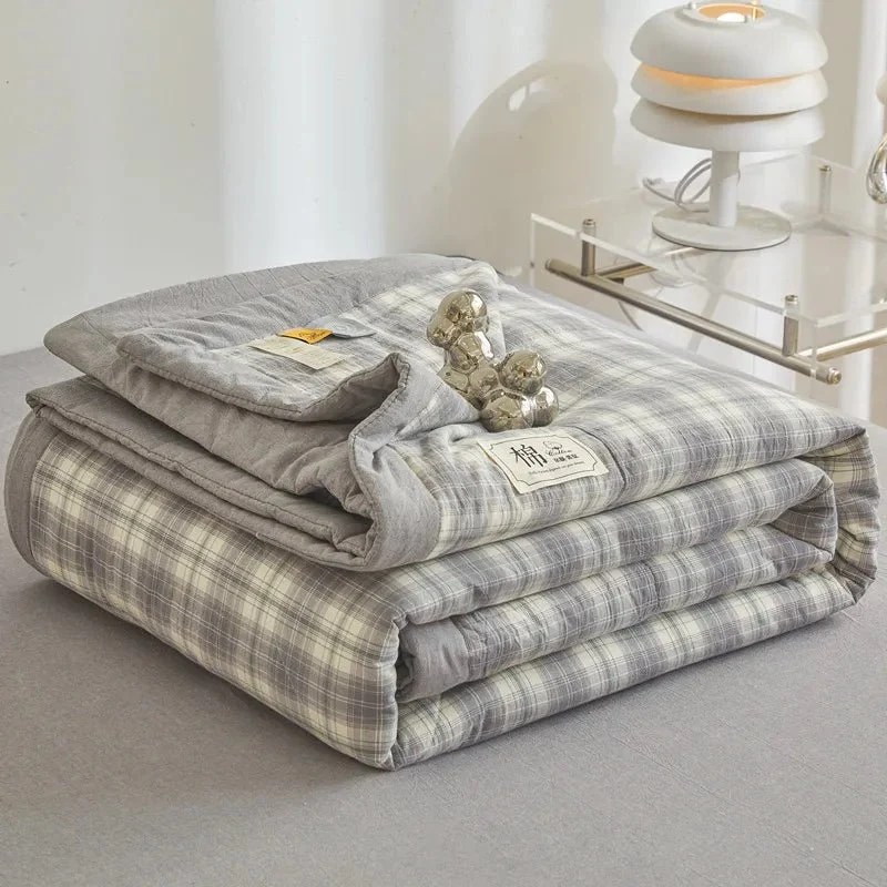 Quilted Cotton Summer Duvet - Soft Plaid Comforter for Single, Twin, Queen Size