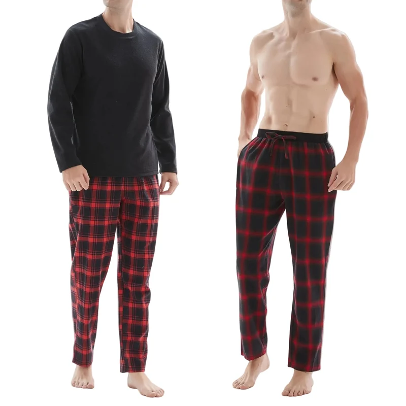 Men's Check Pyjama Set with Fleece Top - 3-Piece White/Red Cotton Pant Set