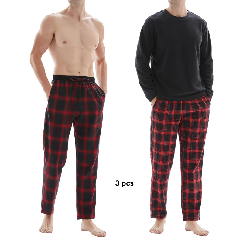 Men's Check Pyjama Set with Fleece Top - 3-Piece White/Red Cotton Pant Set