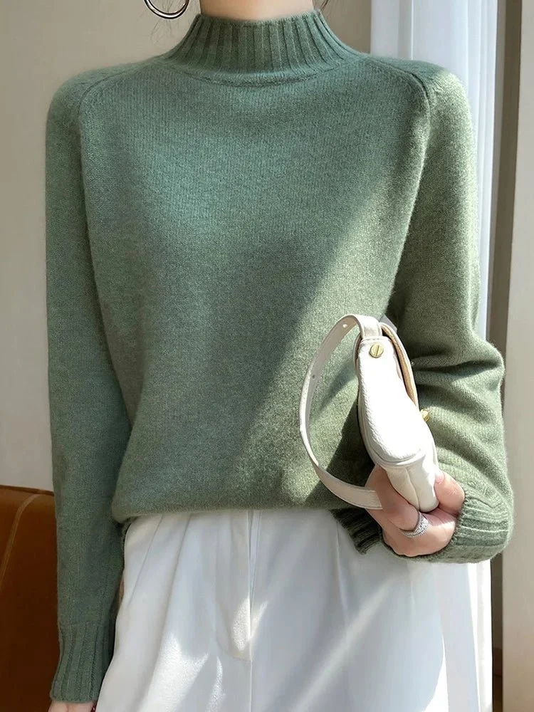 Damen-Wollpullover – 100 % Merinowolle, Stehkragenpullover mit Raglanärmeln für Herbst und Winter