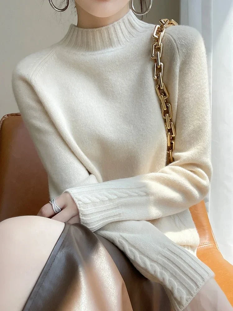 Damen-Wollpullover – 100 % Merinowolle, Stehkragenpullover mit Raglanärmeln für Herbst und Winter