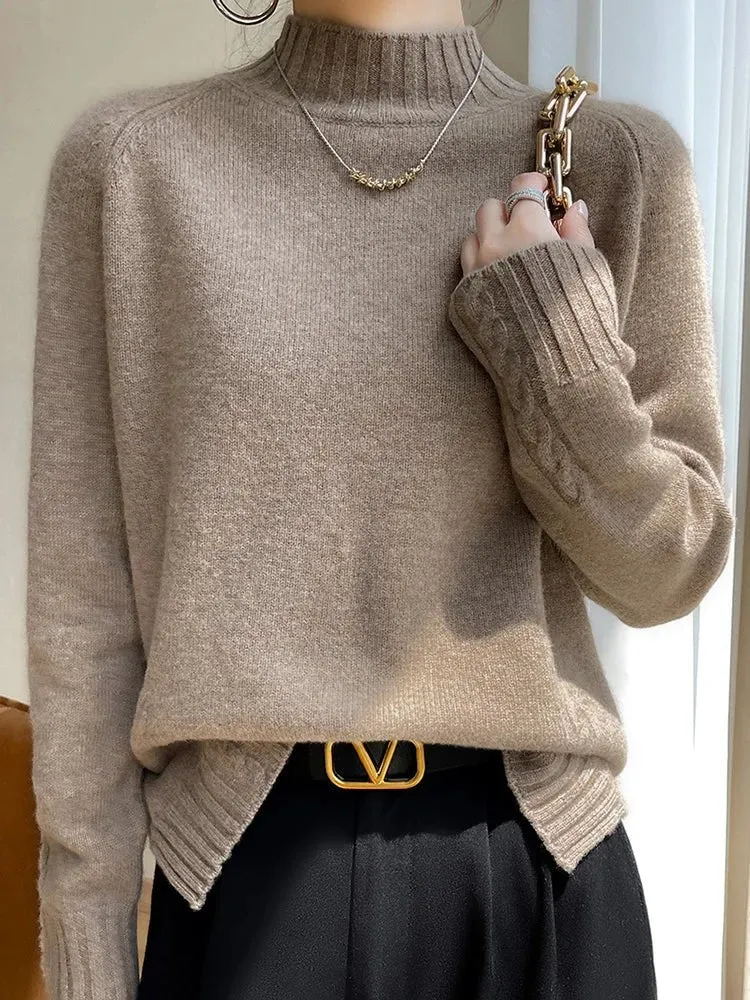Damen-Wollpullover – 100 % Merinowolle, Stehkragenpullover mit Raglanärmeln für Herbst und Winter
