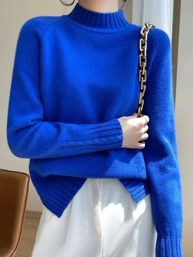 Damen-Wollpullover – 100 % Merinowolle, Stehkragenpullover mit Raglanärmeln für Herbst und Winter