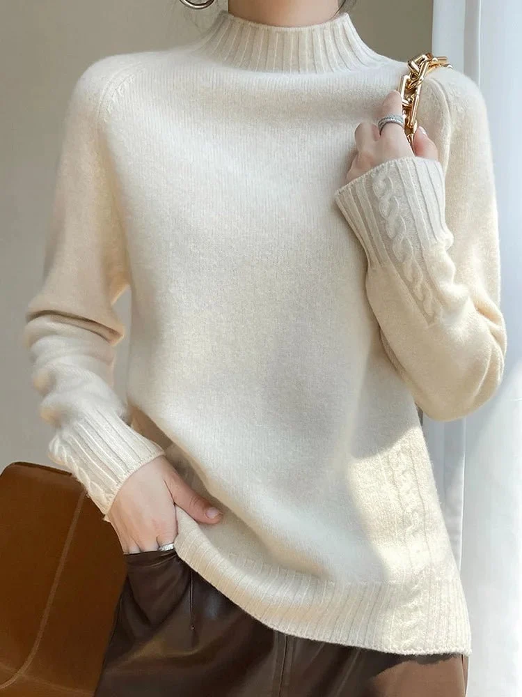 Damen-Wollpullover – 100 % Merinowolle, Stehkragenpullover mit Raglanärmeln für Herbst und Winter
