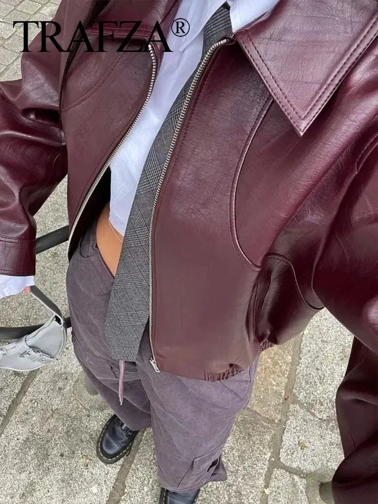TRAFZA Vintage Damen-Bomberjacke – Langärmliger, lockerer Kurzmantel mit Reverskragen und Reißverschluss für den Herbst