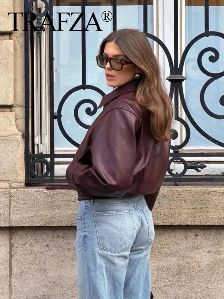 TRAFZA Vintage Damen-Bomberjacke – Langärmliger, lockerer Kurzmantel mit Reverskragen und Reißverschluss für den Herbst