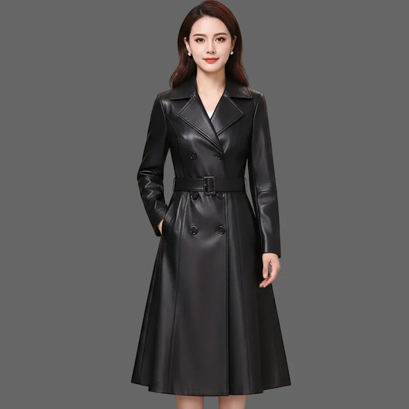 Nerazzurri Damen-Kunstlederjacke – Elegante, lange, schwarze, weiche Slim-Fit-Jacke mit langen Ärmeln und Knopfleiste für Frühling und Herbst