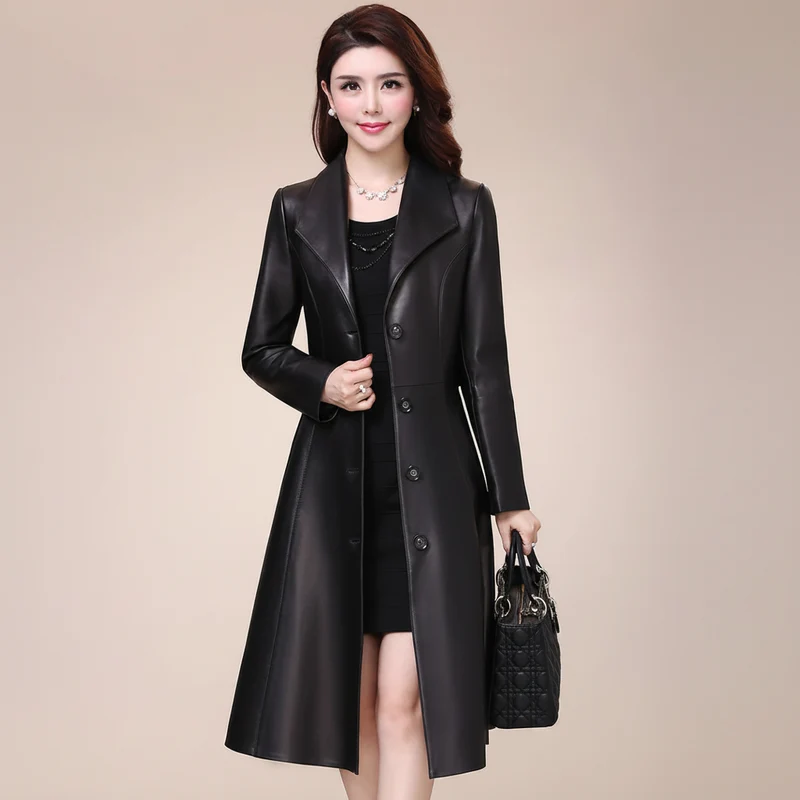 Nerazzurri Damen-Kunstlederjacke – Elegante, lange, schwarze, weiche Slim-Fit-Jacke mit langen Ärmeln und Knopfleiste für Frühling und Herbst