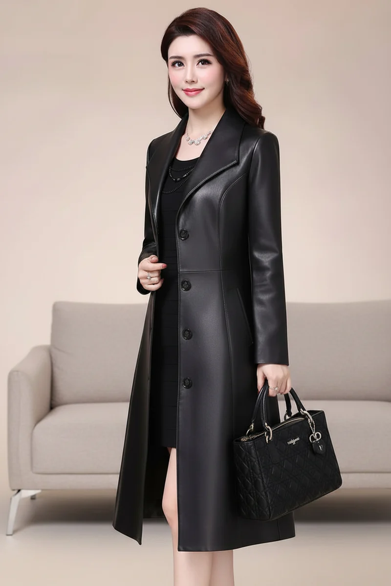 Nerazzurri Damen-Kunstlederjacke – Elegante, lange, schwarze, weiche Slim-Fit-Jacke mit langen Ärmeln und Knopfleiste für Frühling und Herbst
