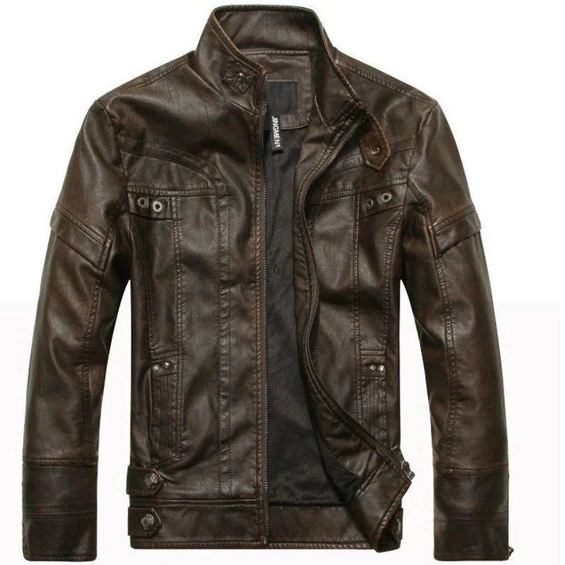 Herren-Motorradjacke aus Leder mit Fleecefutter – Freizeitmantel aus PU-Leder für Herbst und Winter