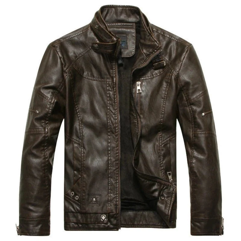 Herren-Motorradjacke aus Leder mit Fleecefutter – Freizeitmantel aus PU-Leder für Herbst und Winter
