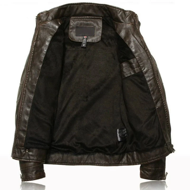 Herren-Motorradjacke aus Leder mit Fleecefutter – Freizeitmantel aus PU-Leder für Herbst und Winter