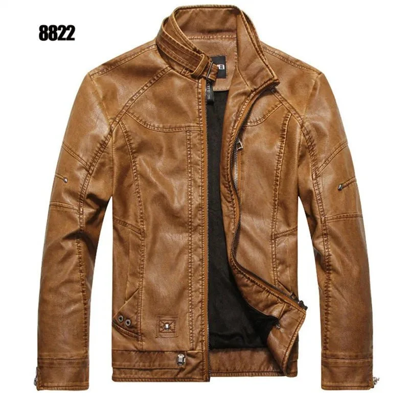 Herren-Motorradjacke aus Leder mit Fleecefutter – Freizeitmantel aus PU-Leder für Herbst und Winter