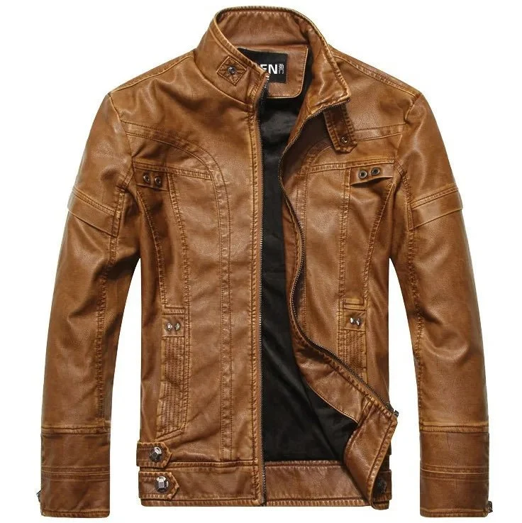 Herren-Motorradjacke aus Leder mit Fleecefutter – Freizeitmantel aus PU-Leder für Herbst und Winter