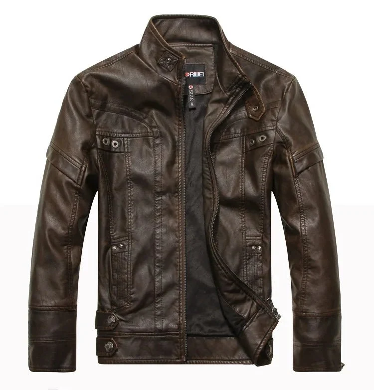 Herren-Motorradjacke aus Leder mit Fleecefutter – Freizeitmantel aus PU-Leder für Herbst und Winter