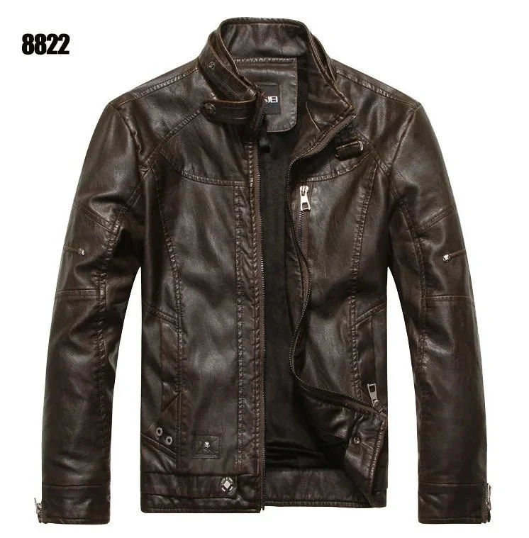 Herren-Motorradjacke aus Leder mit Fleecefutter – Freizeitmantel aus PU-Leder für Herbst und Winter