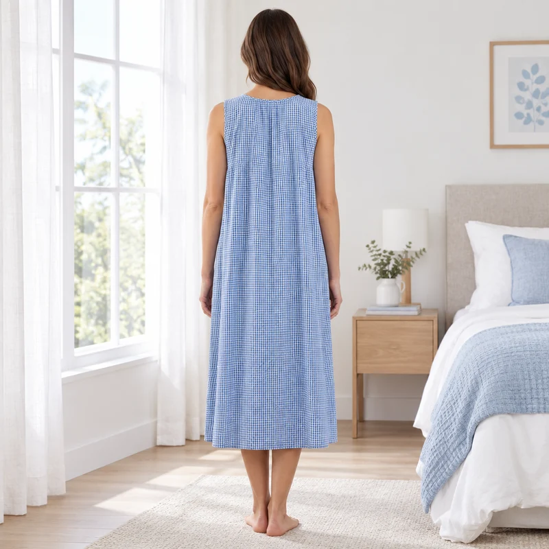 Ärmelloses Nachthemd mit Rundhalsausschnitt, 110 cm lang, in den Farben Bleach Denim und Rotviolett