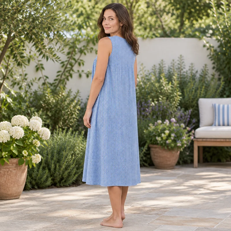 Ärmelloses Nachthemd mit Rundhalsausschnitt, 110 cm lang, in den Farben Bleach Denim und Rotviolett