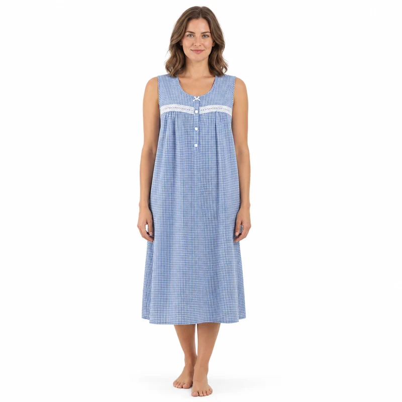 Ärmelloses Nachthemd mit Rundhalsausschnitt, 110 cm lang, in den Farben Bleach Denim und Rotviolett