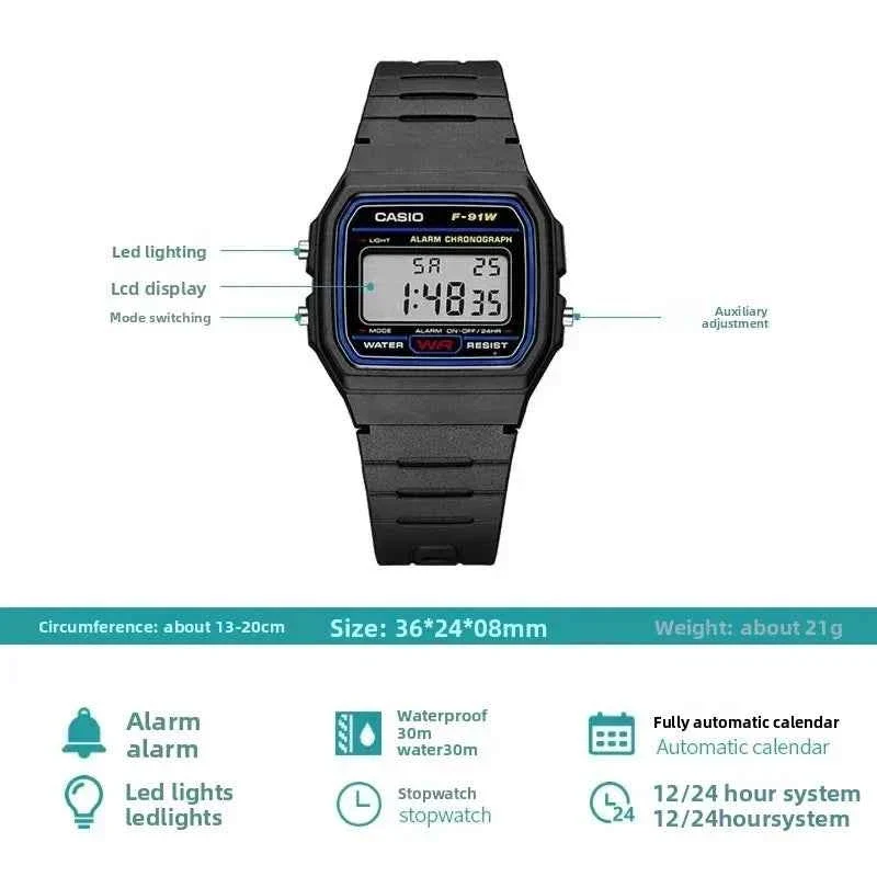 Casio F91W Retro-Wasserdichte Uhr - Modische, schlichte, kleine, quadratische elektronische Uhr mit LCD-Display