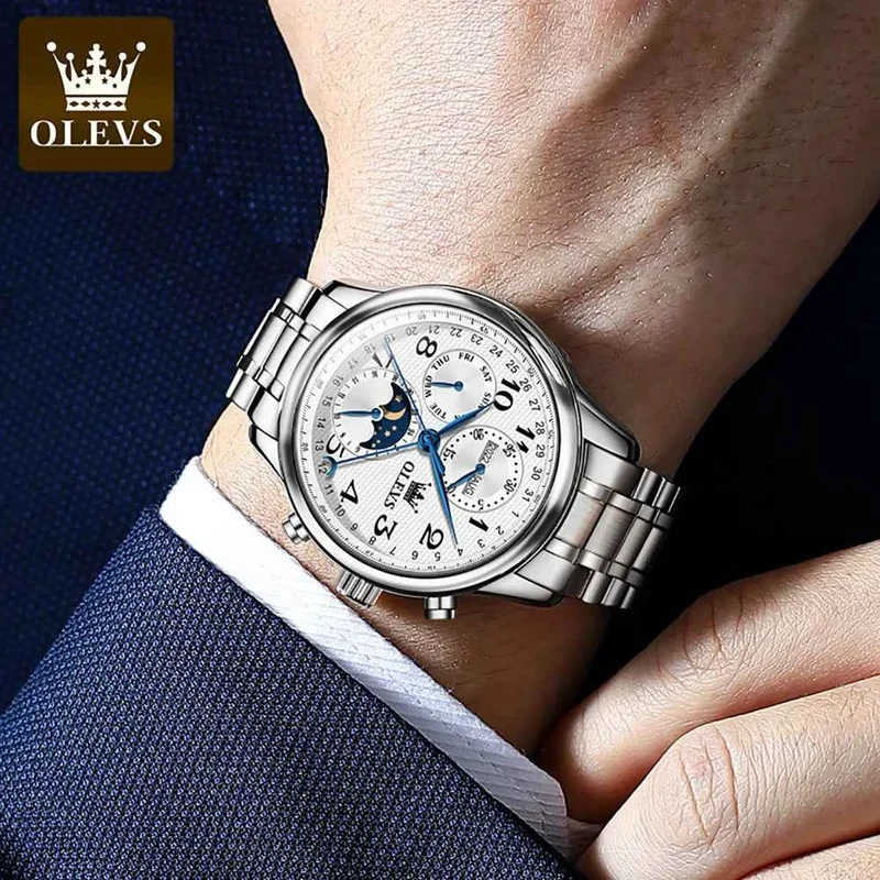 OLEVS Luxus-Herrenuhr mit mechanischer Technik - Originale digitale Mondphasen-Chronographenuhr, wasserdicht, Sportuhr
