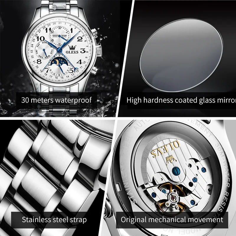 OLEVS Luxus-Herrenuhr mit mechanischer Technik - Originale digitale Mondphasen-Chronographenuhr, wasserdicht, Sportuhr