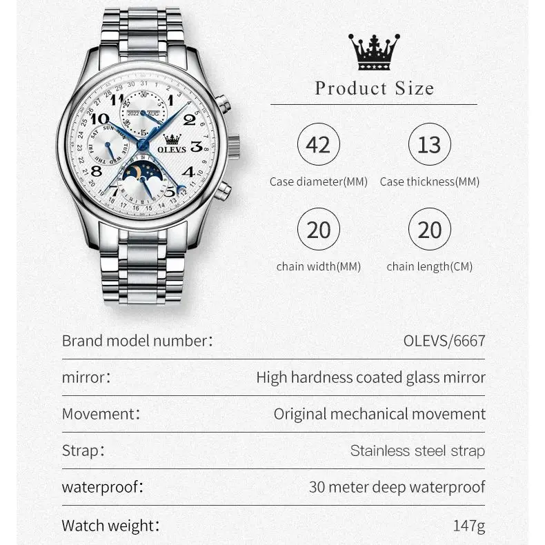OLEVS Luxus-Herrenuhr mit mechanischer Technik - Originale digitale Mondphasen-Chronographenuhr, wasserdicht, Sportuhr