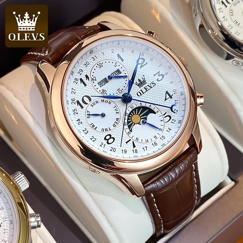 OLEVS Luxus-Herrenuhr mit mechanischer Technik - Originale digitale Mondphasen-Chronographenuhr, wasserdicht, Sportuhr