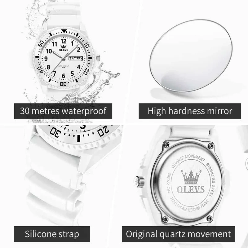 OLEVS 2703 Quarzuhr mit Doppelkalenderanzeige, Silikonarmband, wasserdicht bis 30 m – ideal für Studenten