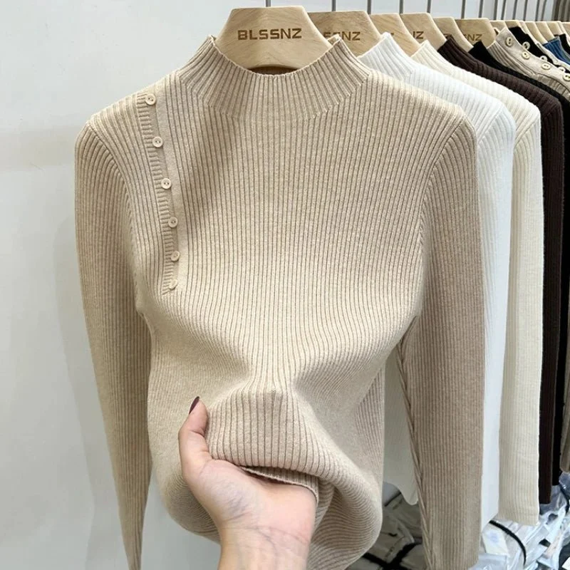 Schmal geschnittener Damen-Rollkragenpullover mit Knöpfen – weicher Stretch-Strickpullover für Herbst/Winter
