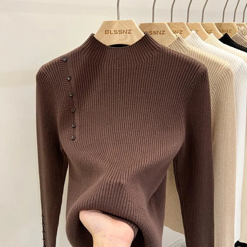 Schmal geschnittener Damen-Rollkragenpullover mit Knöpfen – weicher Stretch-Strickpullover für Herbst/Winter
