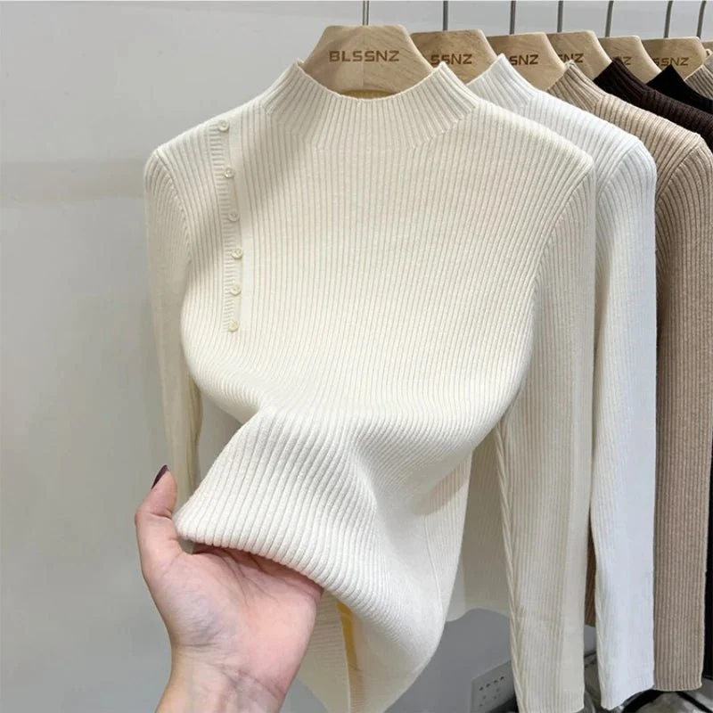 Schmal geschnittener Damen-Rollkragenpullover mit Knöpfen – weicher Stretch-Strickpullover für Herbst/Winter