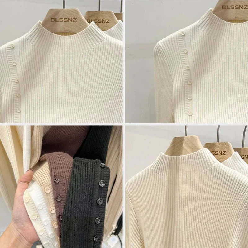 Schmal geschnittener Damen-Rollkragenpullover mit Knöpfen – weicher Stretch-Strickpullover für Herbst/Winter