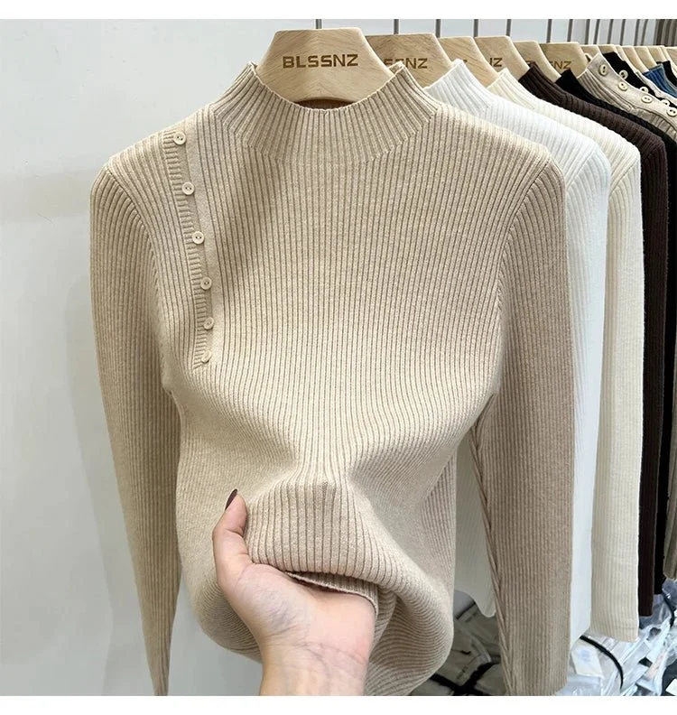 Schmal geschnittener Damen-Rollkragenpullover mit Knöpfen – weicher Stretch-Strickpullover für Herbst/Winter