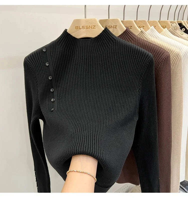 Schmal geschnittener Damen-Rollkragenpullover mit Knöpfen – weicher Stretch-Strickpullover für Herbst/Winter