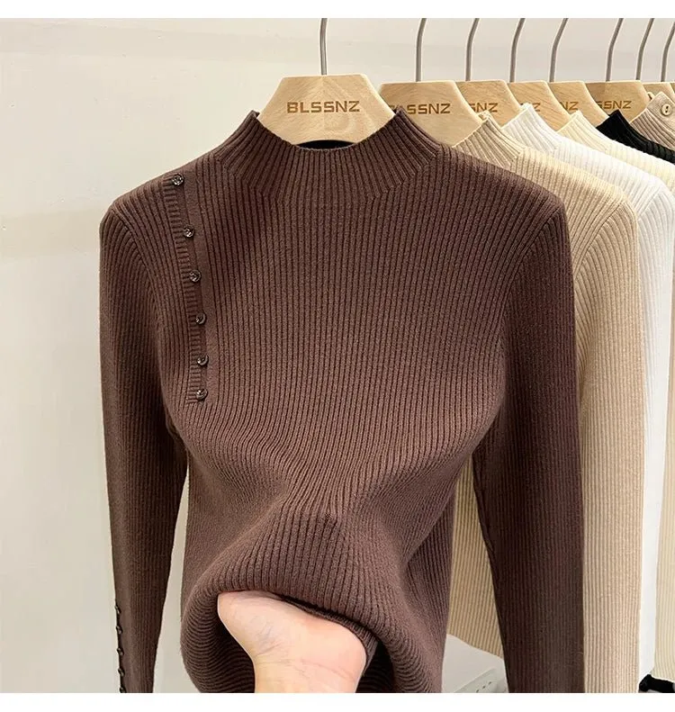 Schmal geschnittener Damen-Rollkragenpullover mit Knöpfen – weicher Stretch-Strickpullover für Herbst/Winter